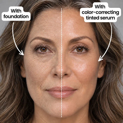 Half face with foundation vs. half with color-correcting tinted serum (illustrative)