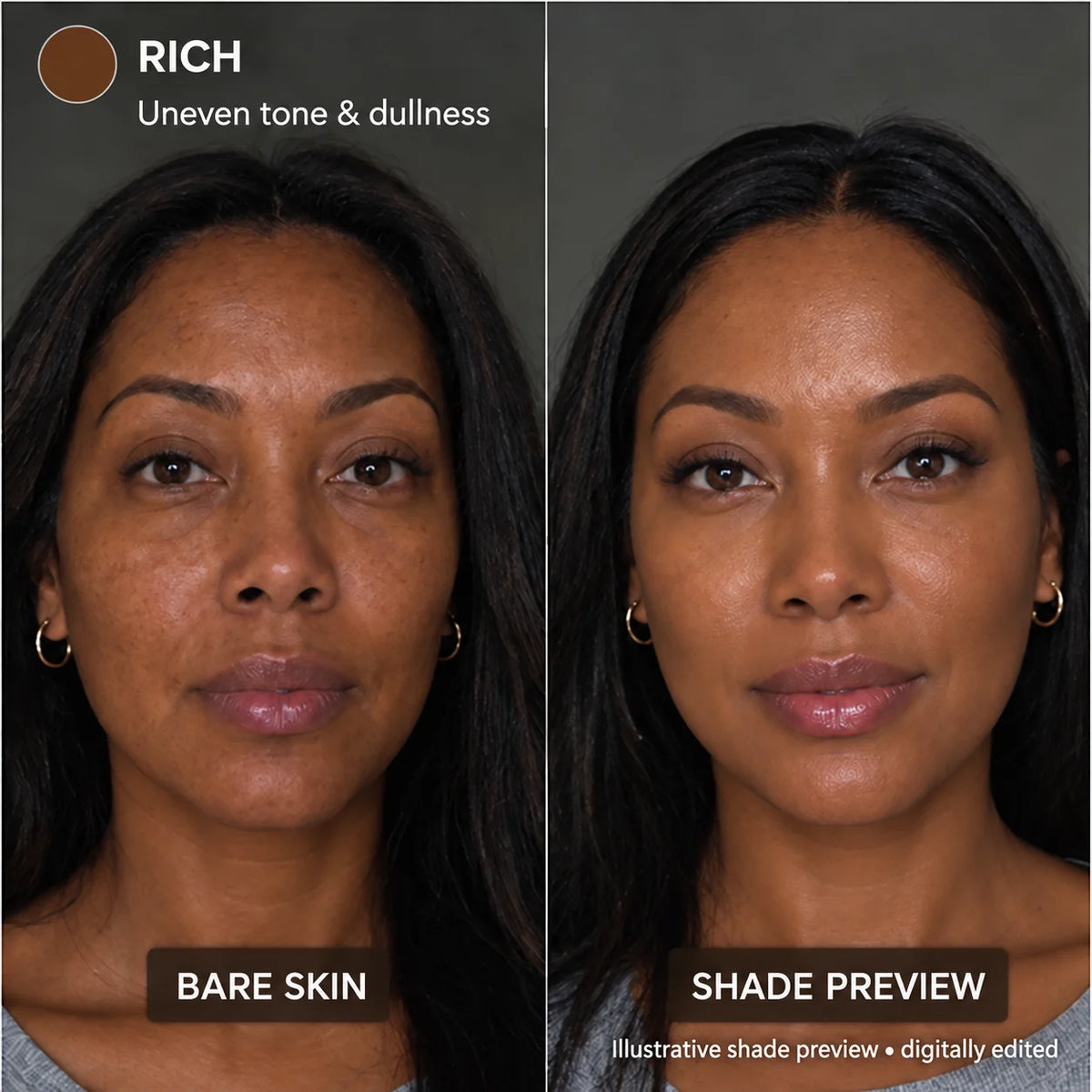 Korean Color-Correcting Tinted Serum in Rich: bare skin vs. illustrative shade preview (digitally edited)