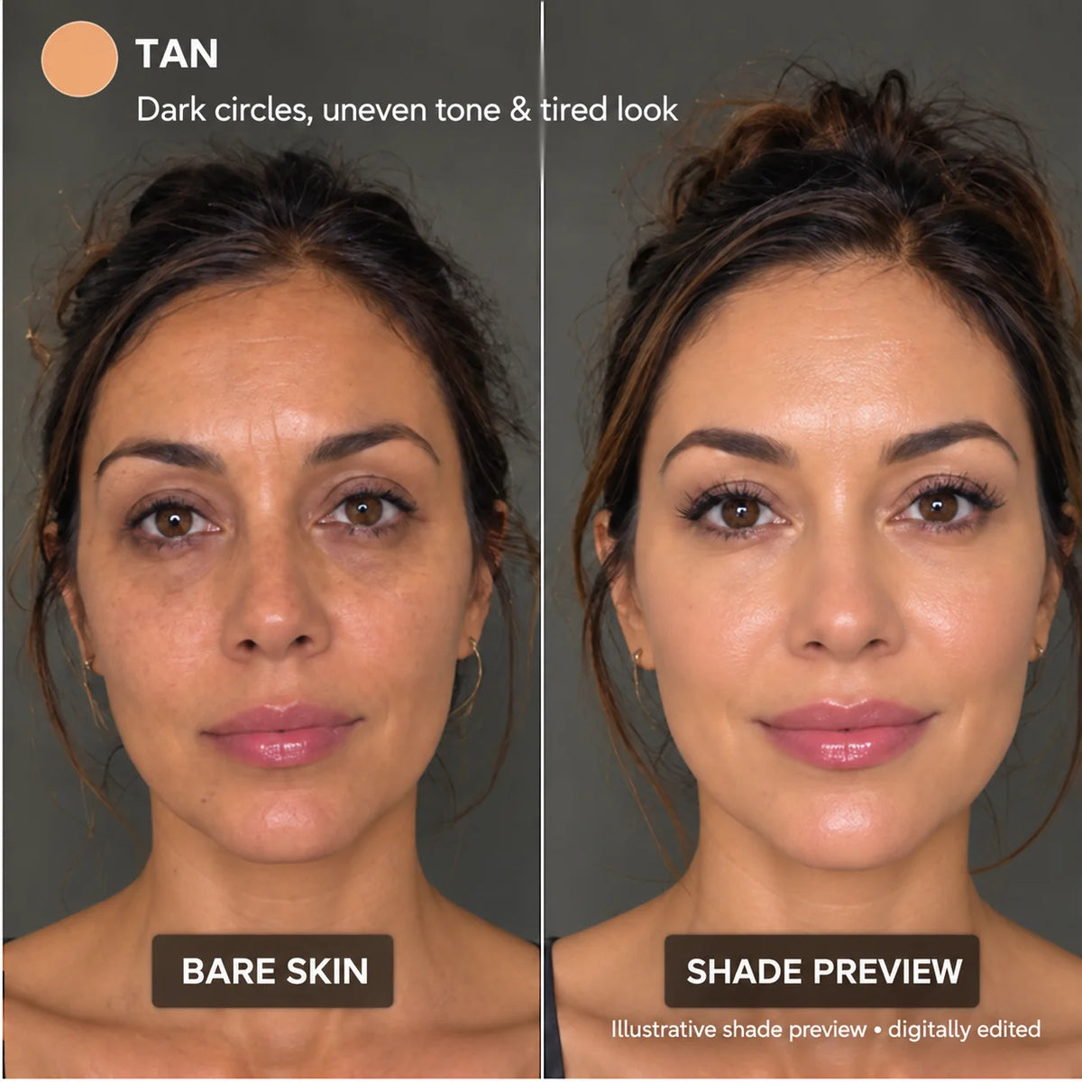 Korean Color-Correcting Tinted Serum in Tan: bare skin vs. illustrative shade preview (digitally edited)