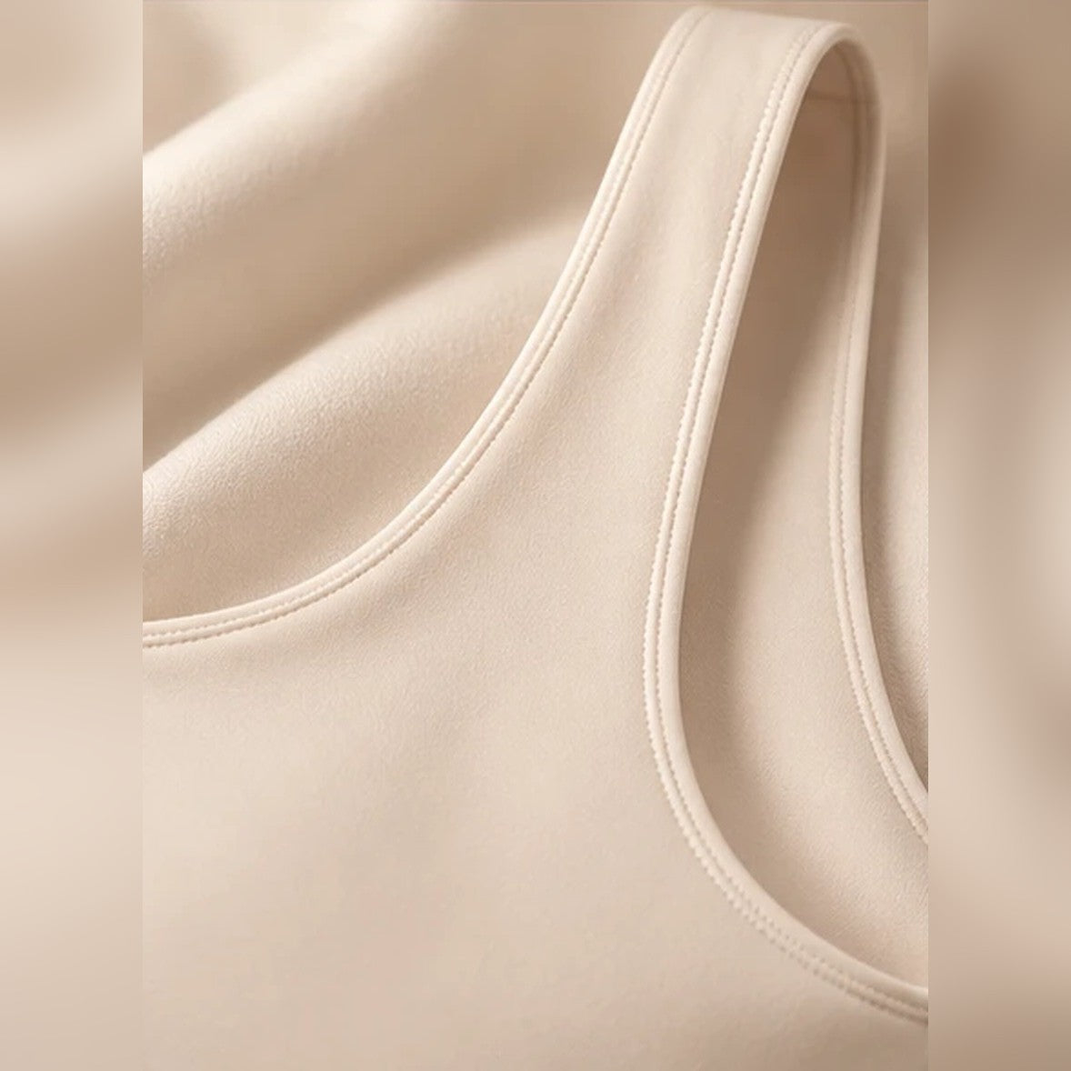 Close-up of the soft scoop neckline