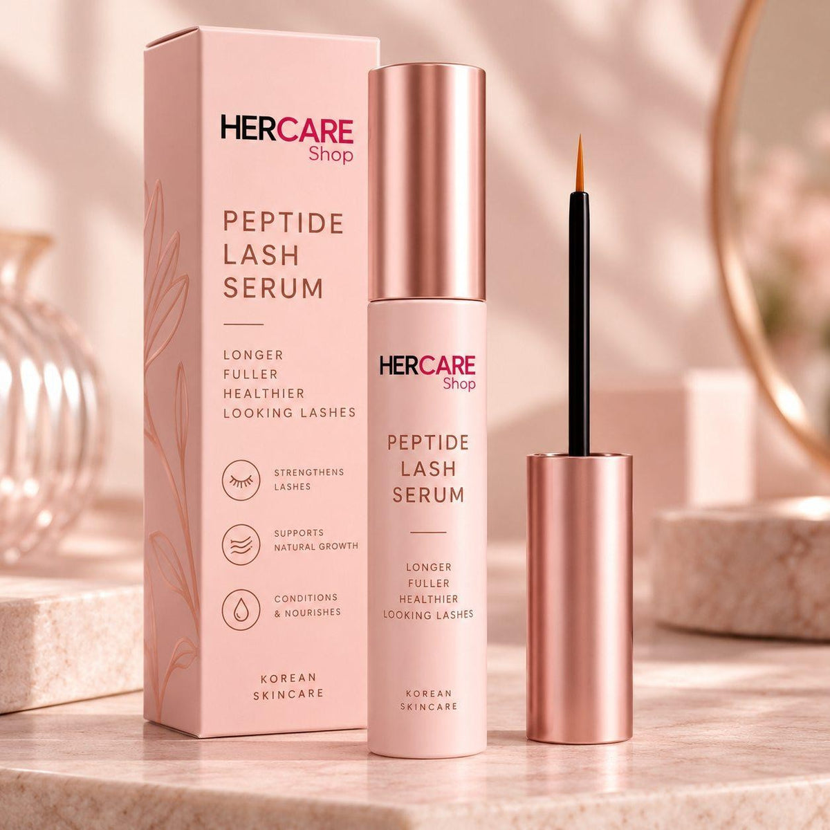 HerCare Peptide Lash Serum bottle and box