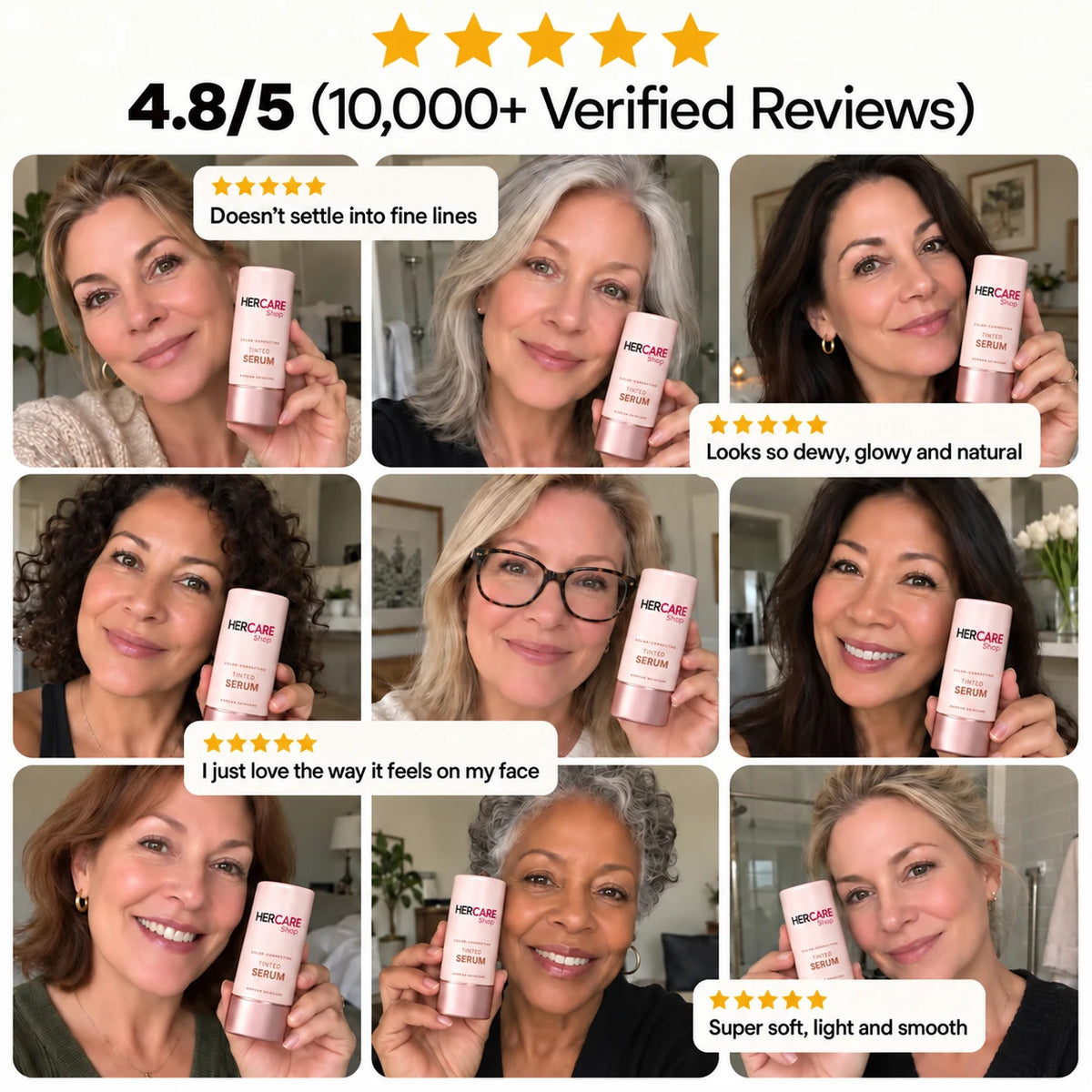 HerCare tinted serum rated 4.8/5 from 10,000+ verified reviews, customers holding the serum