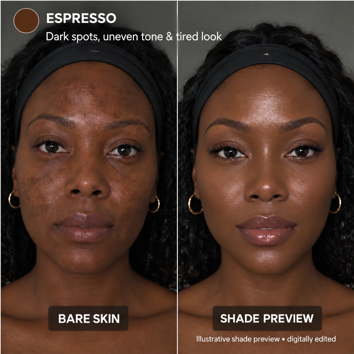 Korean Color-Correcting Tinted Serum in Espresso: bare skin vs. illustrative shade preview (digitally edited)