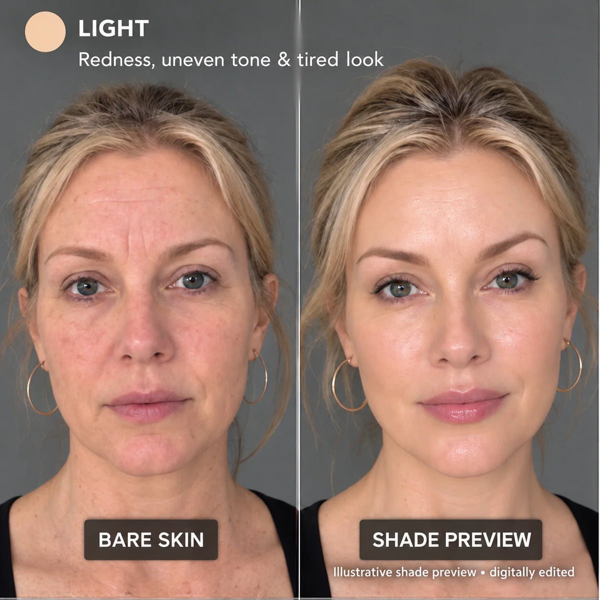 Korean Color-Correcting Tinted Serum in Light: bare skin vs. illustrative shade preview (digitally edited)