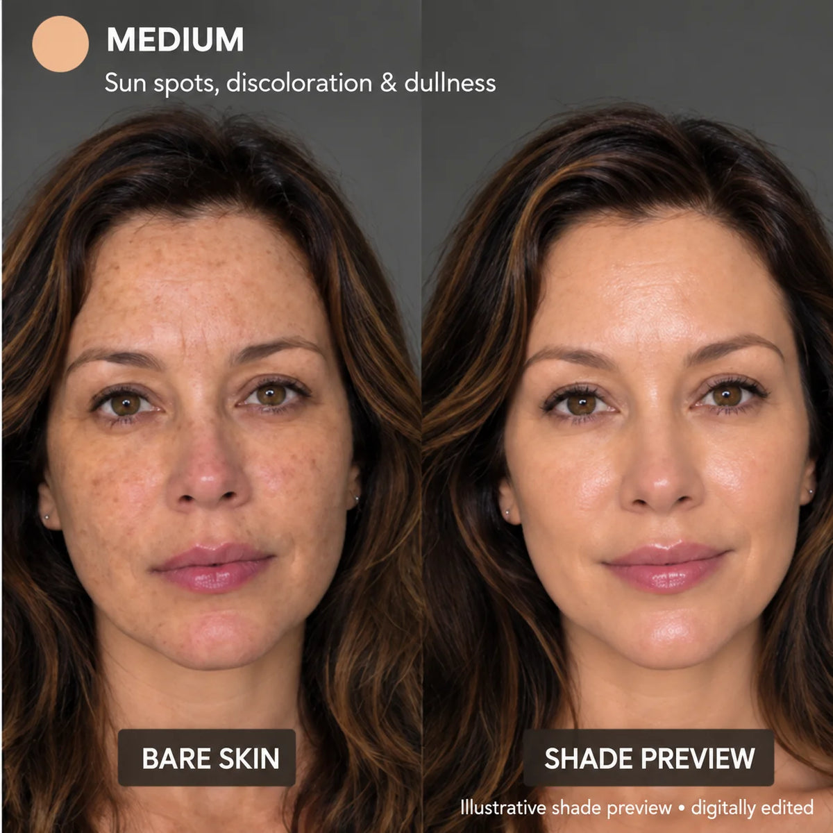 Korean Color-Correcting Tinted Serum in Medium: bare skin vs. illustrative shade preview (digitally edited)